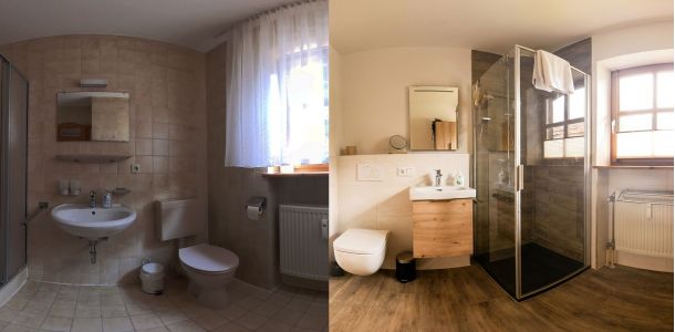 Das Badezimmer der FeWo 304 vor- und nach der Renovierung
