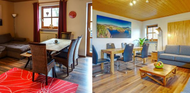 Das Wohnzimmer der FeWo 1203 vor- und nach der Renovierung